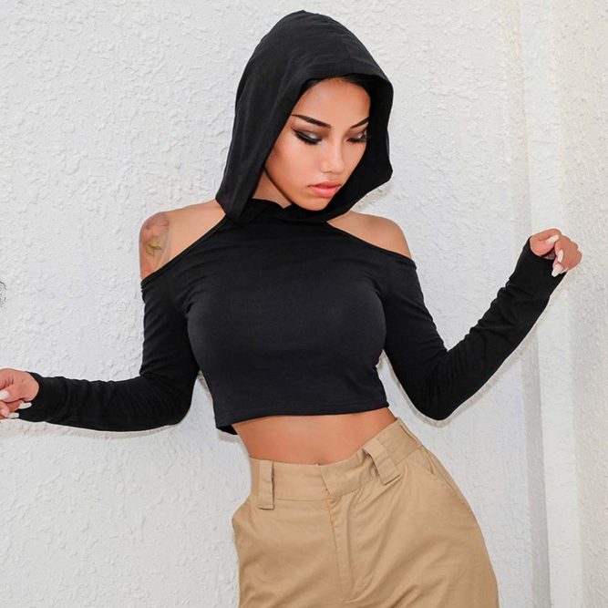 Slim Open Shoulder Hooded Crop Top | Goth Aesthetic Shop