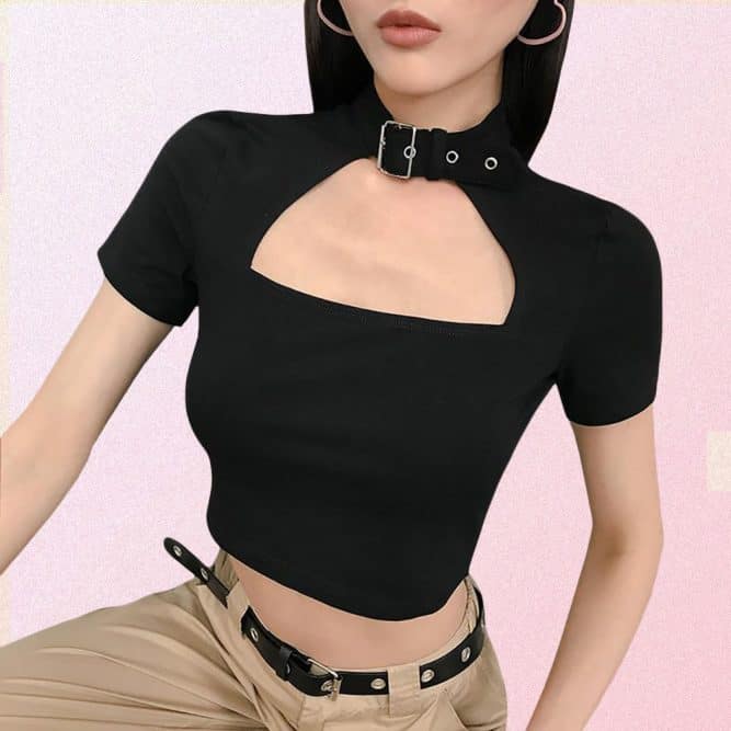 BLACK HOLLOW OUT BELT COLLAR CROPPED TOP