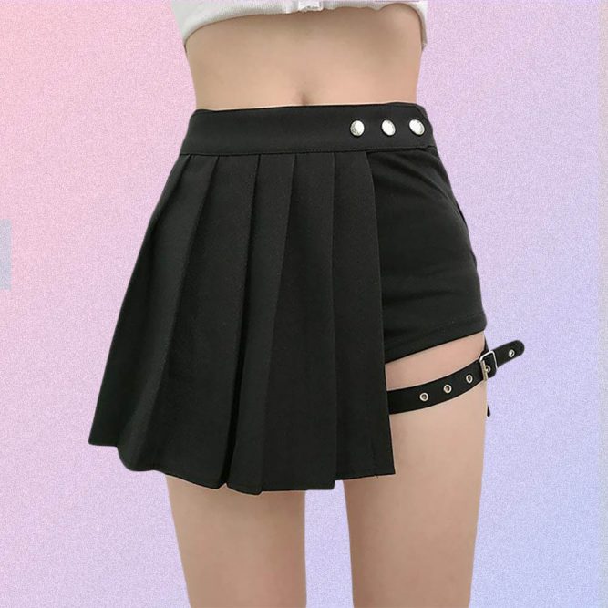 BLACK FAKE TWO PIECE SHORTS AND PLEATED SKIRT
