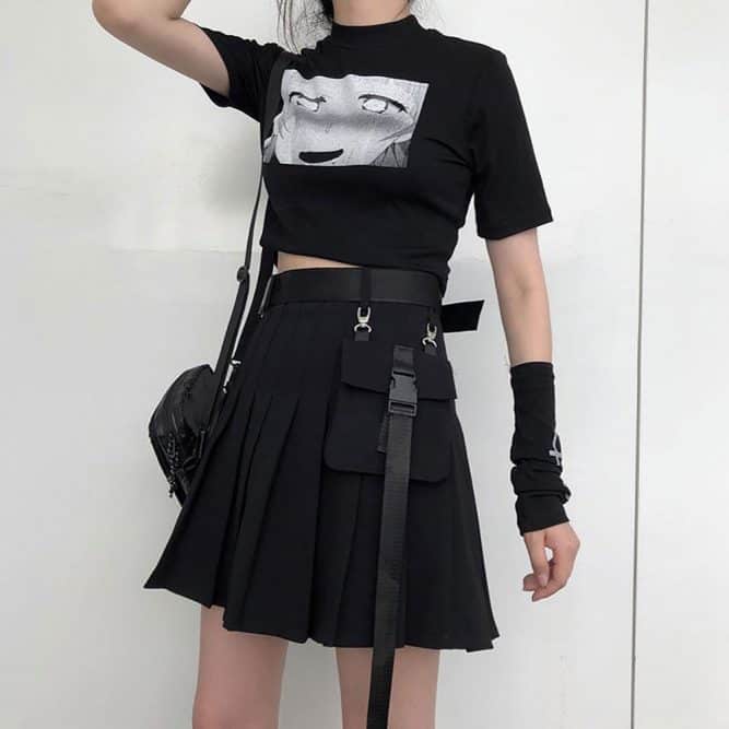 BLACK HIGH WAIST PLEATED SKIRT WITH BELT | Goth Aesthetic Shop