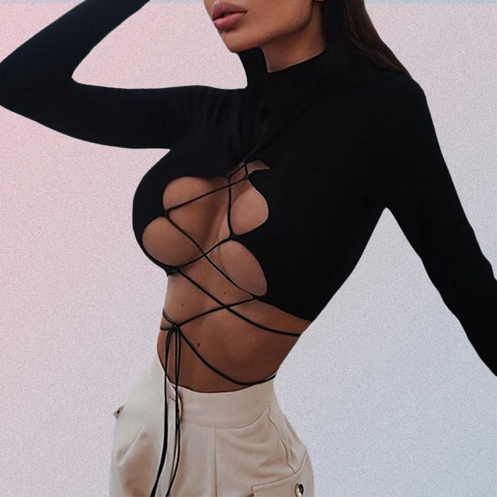 BLACK WHITE SEXY LACE UP CROPPED TURTLENECK WITH LONG SLEEVES