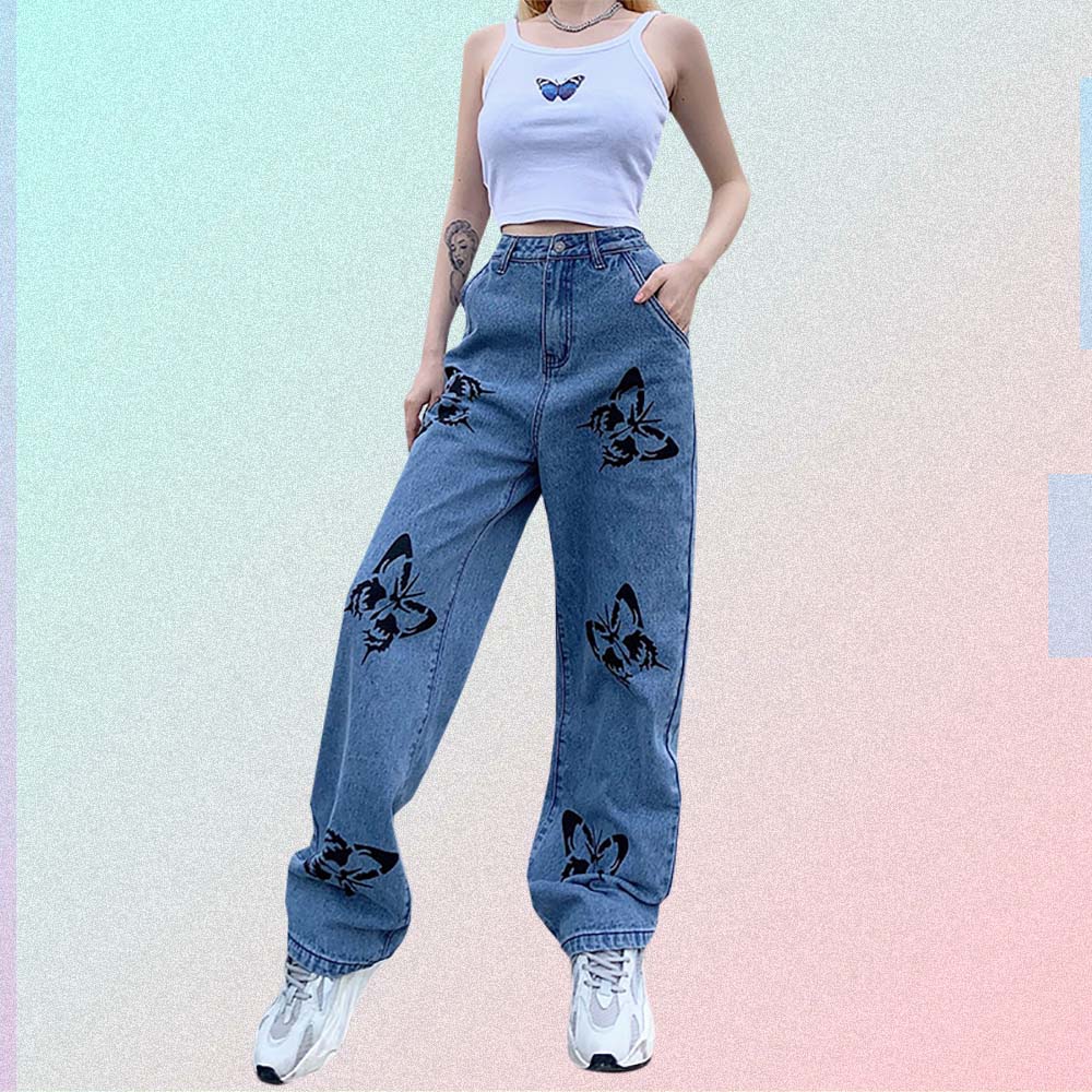 BUTTERFLY PRINT 90s AESTHETIC BLUE LOOSE HIGH WAIST STRAIGHT JEANS