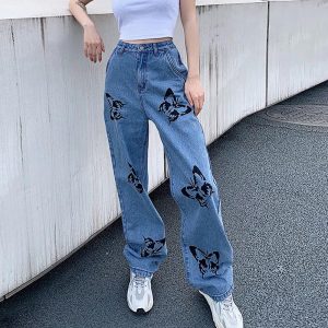 BUTTERFLY PRINT 90s AESTHETIC BLUE LOOSE HIGH WAIST STRAIGHT JEANS ...