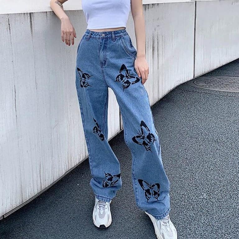 BUTTERFLY PRINT 90s AESTHETIC BLUE LOOSE HIGH WAIST STRAIGHT JEANS | Goth Aesthetic Shop