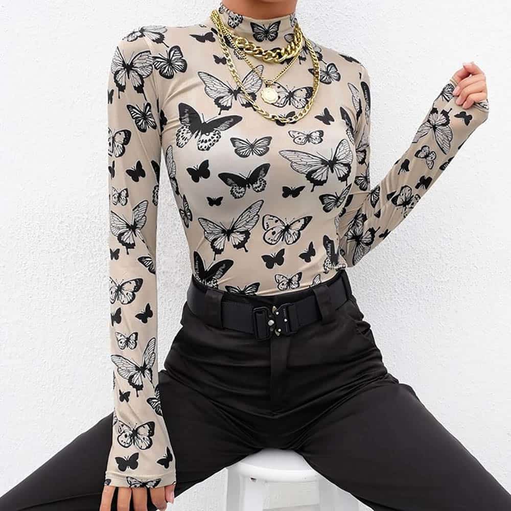 BUTTERFLY PRINT LONG SLEEVE TOP