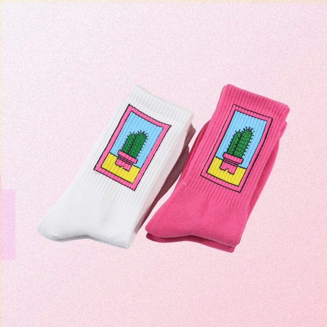 CACTUS EMBROIDERY WHITE PINK AESTHETIC SOCKS