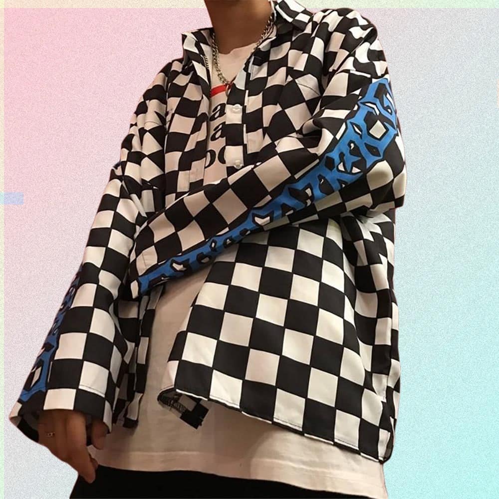 FLAME LETTERS PRINT CHECKERED GRID LOOSE JACKET