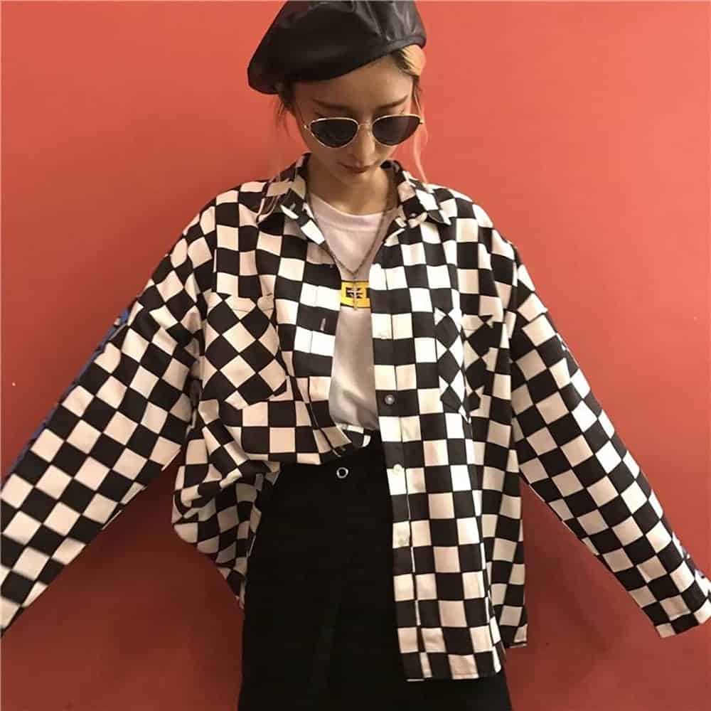 FLAME LETTERS PRINT CHECKERED GRID LOOSE JACKET