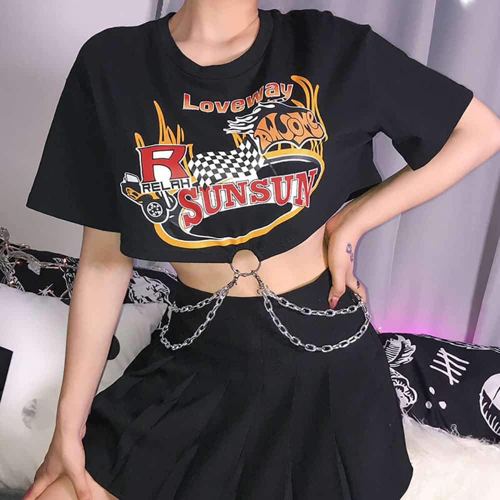 RACING PRINT BLACK CROP TOP WITH CHAINS