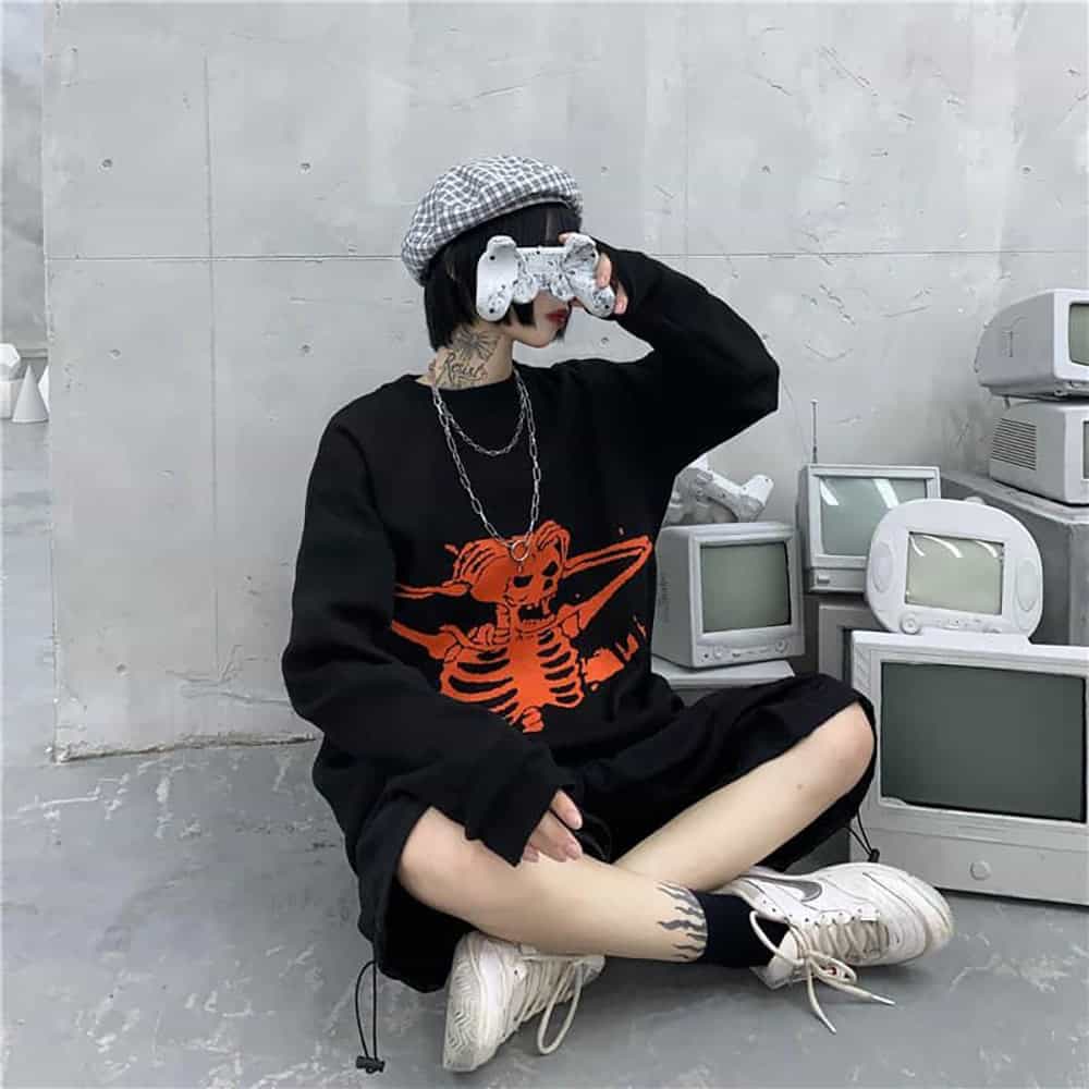 RED SKELETON EMBROIDERY LOOSE KNITTED SWEATER