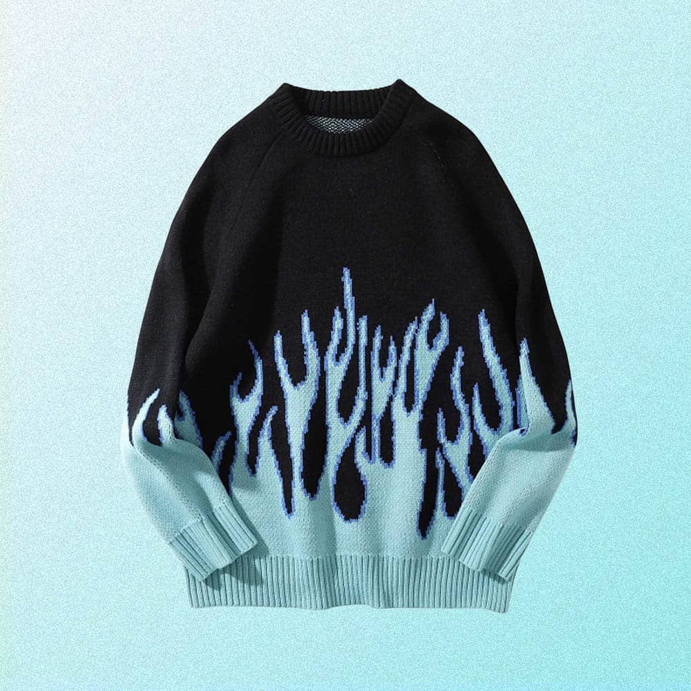 RETRO BLUE FLAMES EMBROIDERY LOOSE KNIT SWEATER