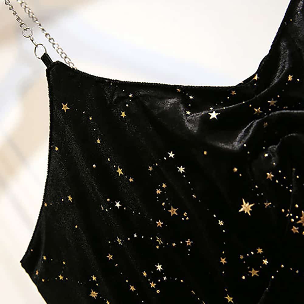 STARS PRINT BLACK VELVET SLEVELESS DRESS