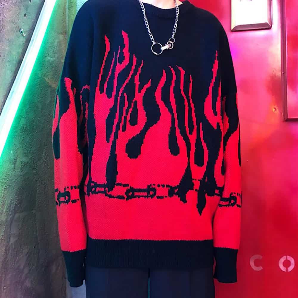VINTAGE FLAMES EMBROIDERY LOOSE KNIT BAT SLEEVE AESTHETIC SWEATER