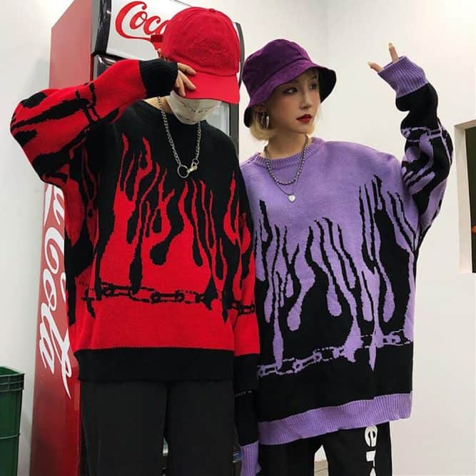 VINTAGE FLAMES EMBROIDERY LOOSE KNIT BAT SLEEVE AESTHETIC SWEATER ...
