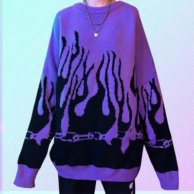 VINTAGE FLAMES EMBROIDERY LOOSE KNIT BAT SLEEVE AESTHETIC SWEATER