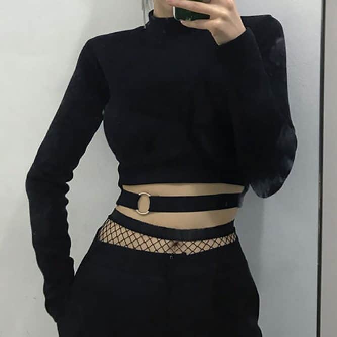 BLACK FITTED CROP TOP WITH BELT | Goth Aesthetic Shop