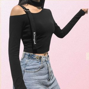 BLACK FITTED LONG SLEEVE CROP TOP | Goth Aesthetic Shop