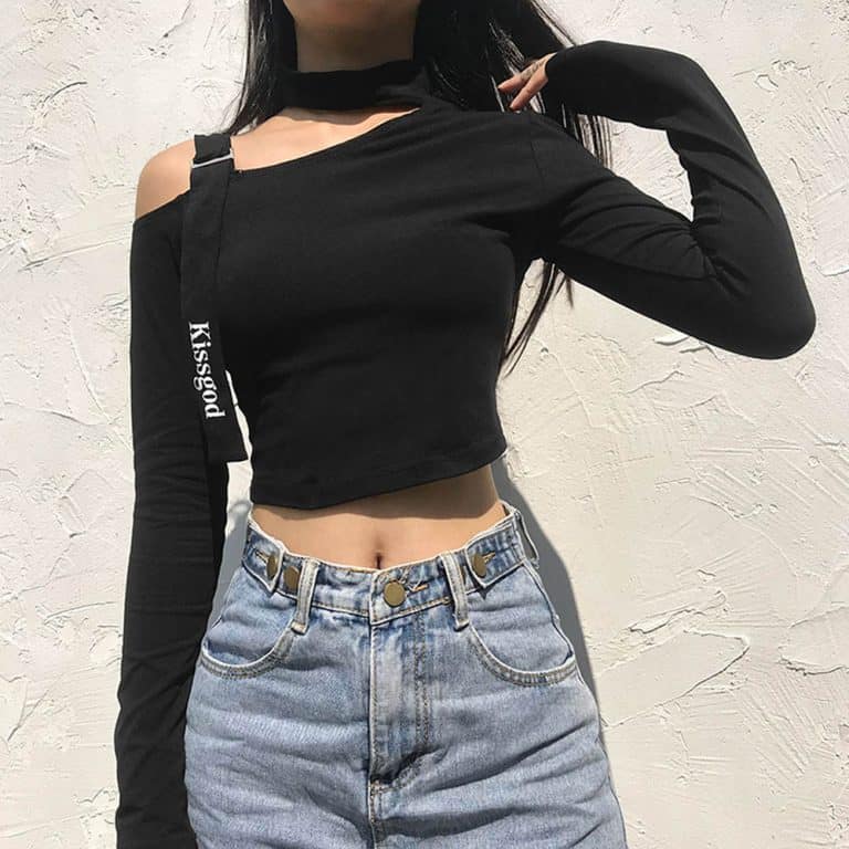 BLACK FITTED LONG SLEEVE CROP TOP | Goth Aesthetic Shop