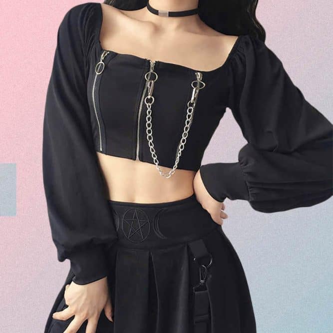 CHAIN AND ZIPPER PUFF SLEEVES CROPPED TOP