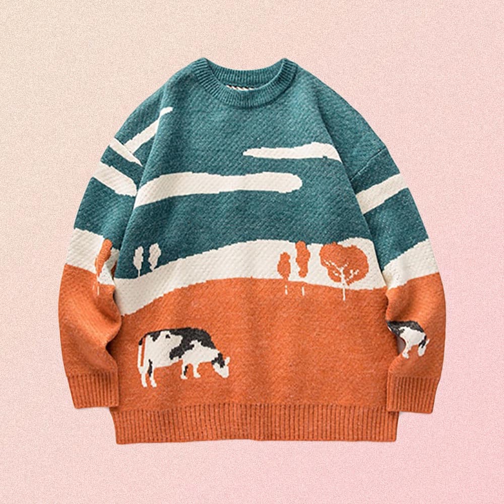 COW PRINT VINTAGE AESTHETIC LONG SLEEVE OVERSIZED SWEATER
