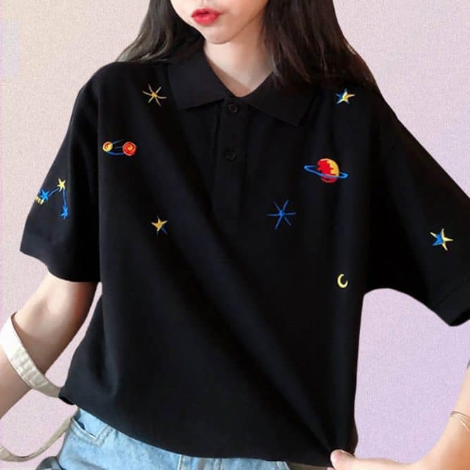 EMBROIDERY SPACE SHORT SLEEVE BLACK POLO SHIRT