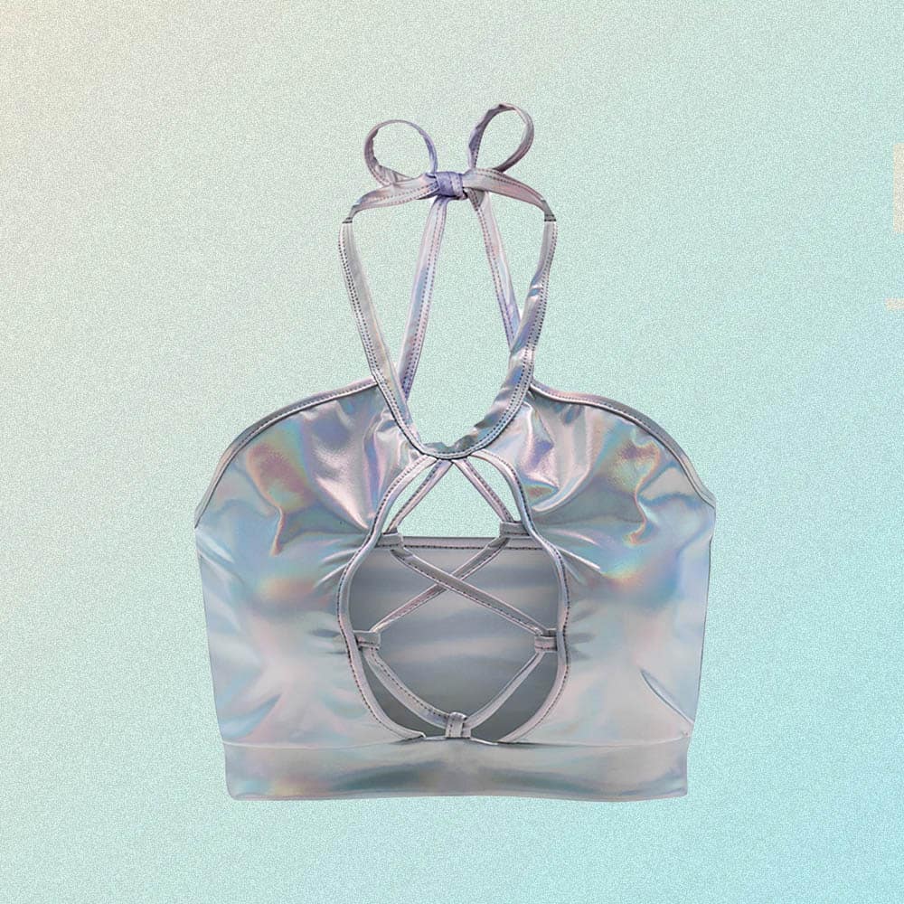 LASER HOLOGRAPHIC LACING SLEEVELESS CROP TOP