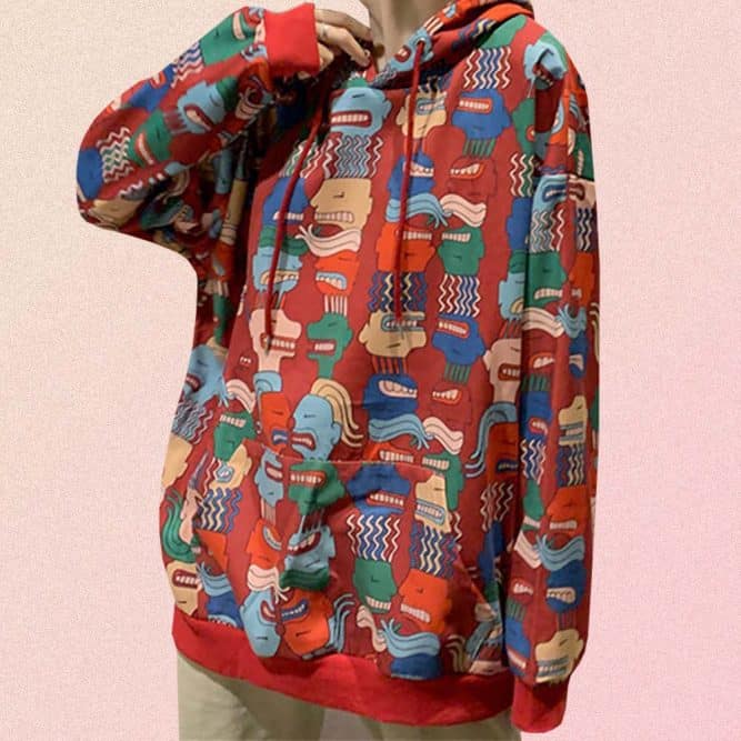 MULTICOLOR ANGRY FACE PRINT LONG SLEEVE OVERSIZED HOODIE
