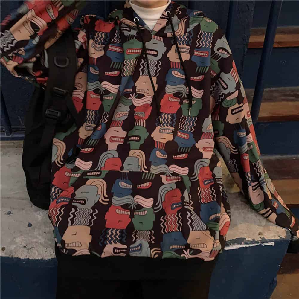 MULTICOLOR ANGRY FACE PRINT LONG SLEEVE OVERSIZED HOODIE