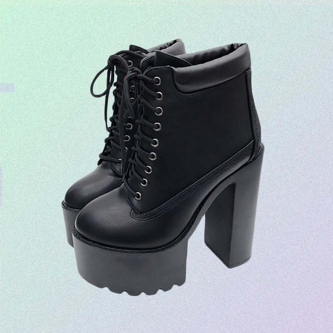 BLACK HIGH HEEL LACE UP ANKLE BOOTS