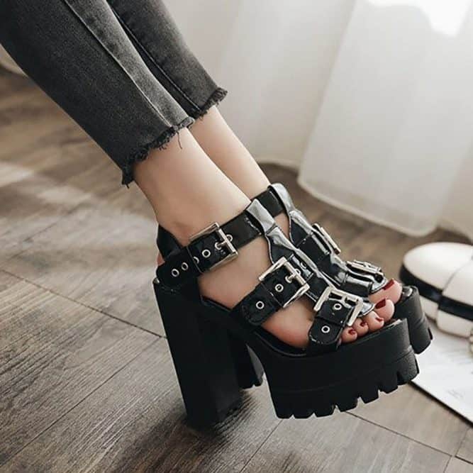 BLACK LACQUERED HIGH HEEL BELTS PLATFORM SANDALS | Goth Aesthetic Shop