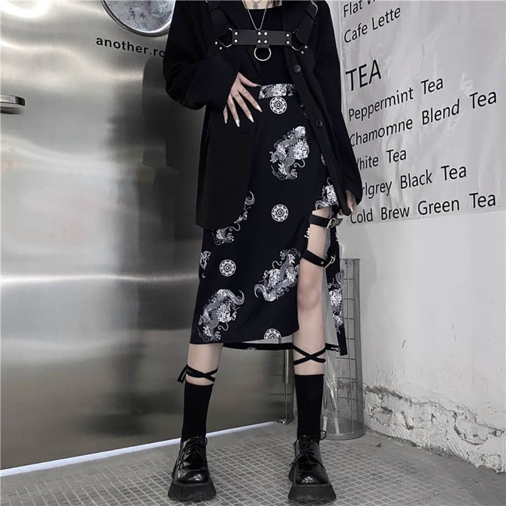 GOTHIC AESTHETIC MIDI SKIRT WITH BELTS