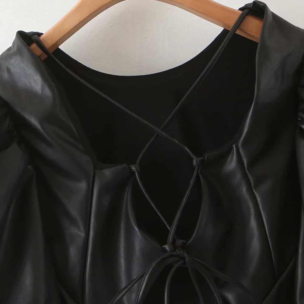 PUFFY SLEEVE OPEN BACK TIES PU LEATHER BLOUSES