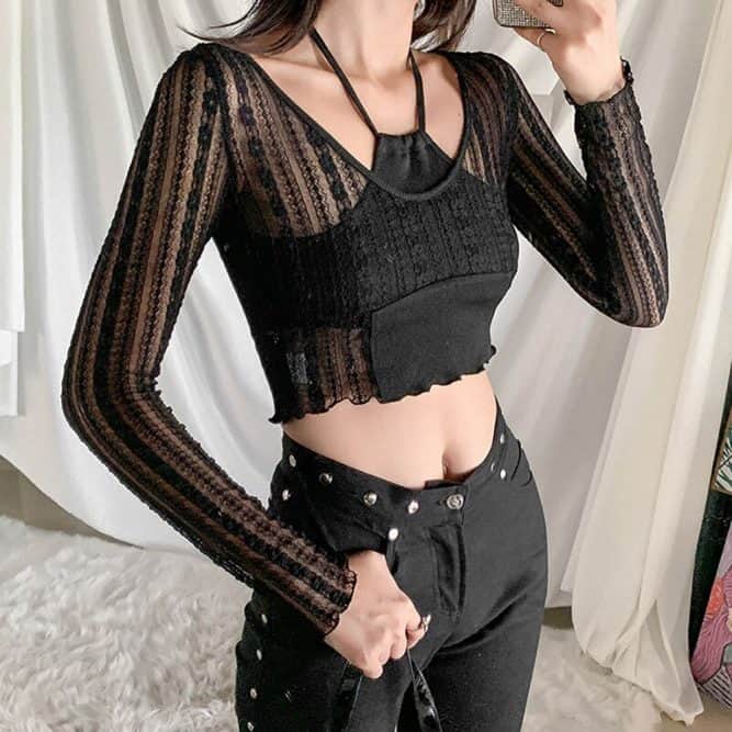 SEXY LACE TRANSPARENT LONG SLEEVE CROP TOP | Goth Aesthetic Shop