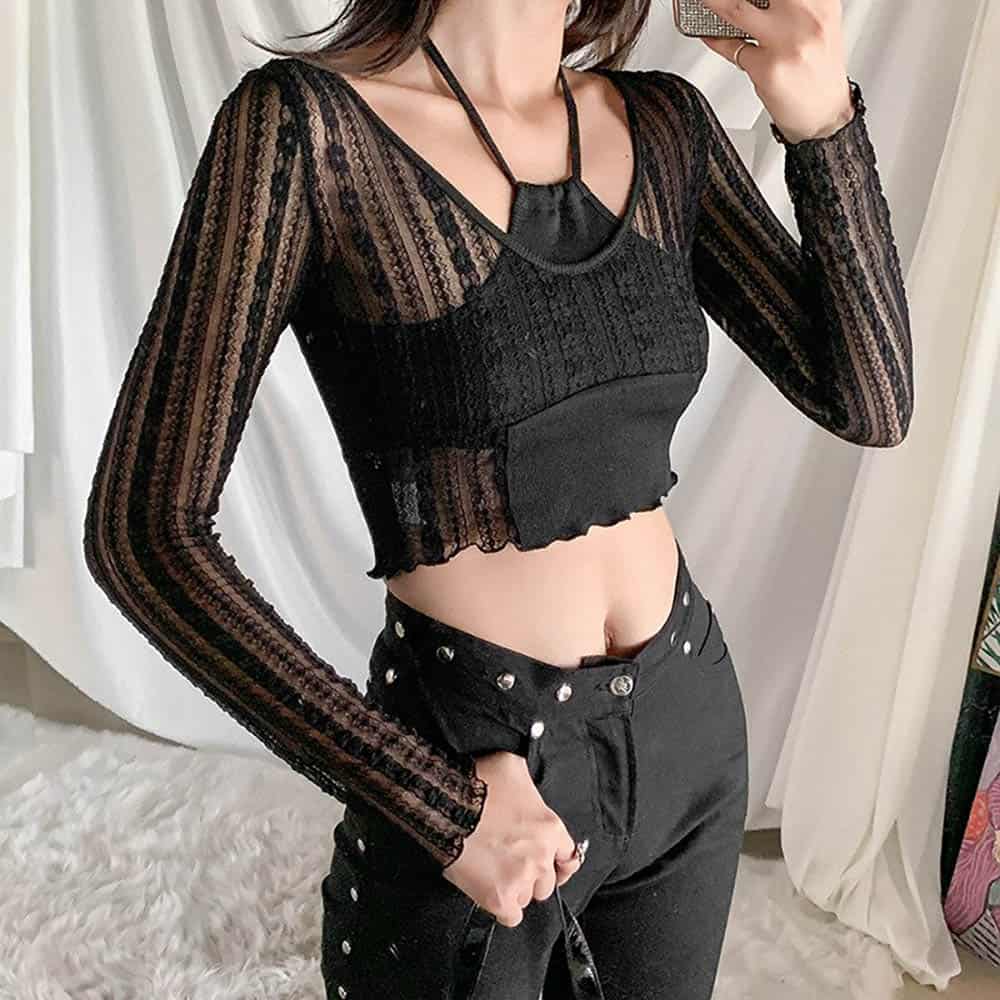 SEXY LACE TRANSPARENT LONG SLEEVE CROP TOP