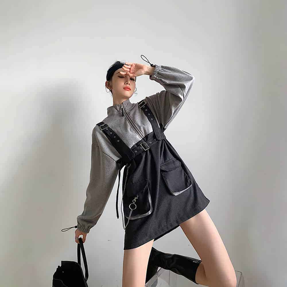 TECHWEAR LONG SLEEVE JUMPSUIT DRESS WITH POCKETS & CHAINS
