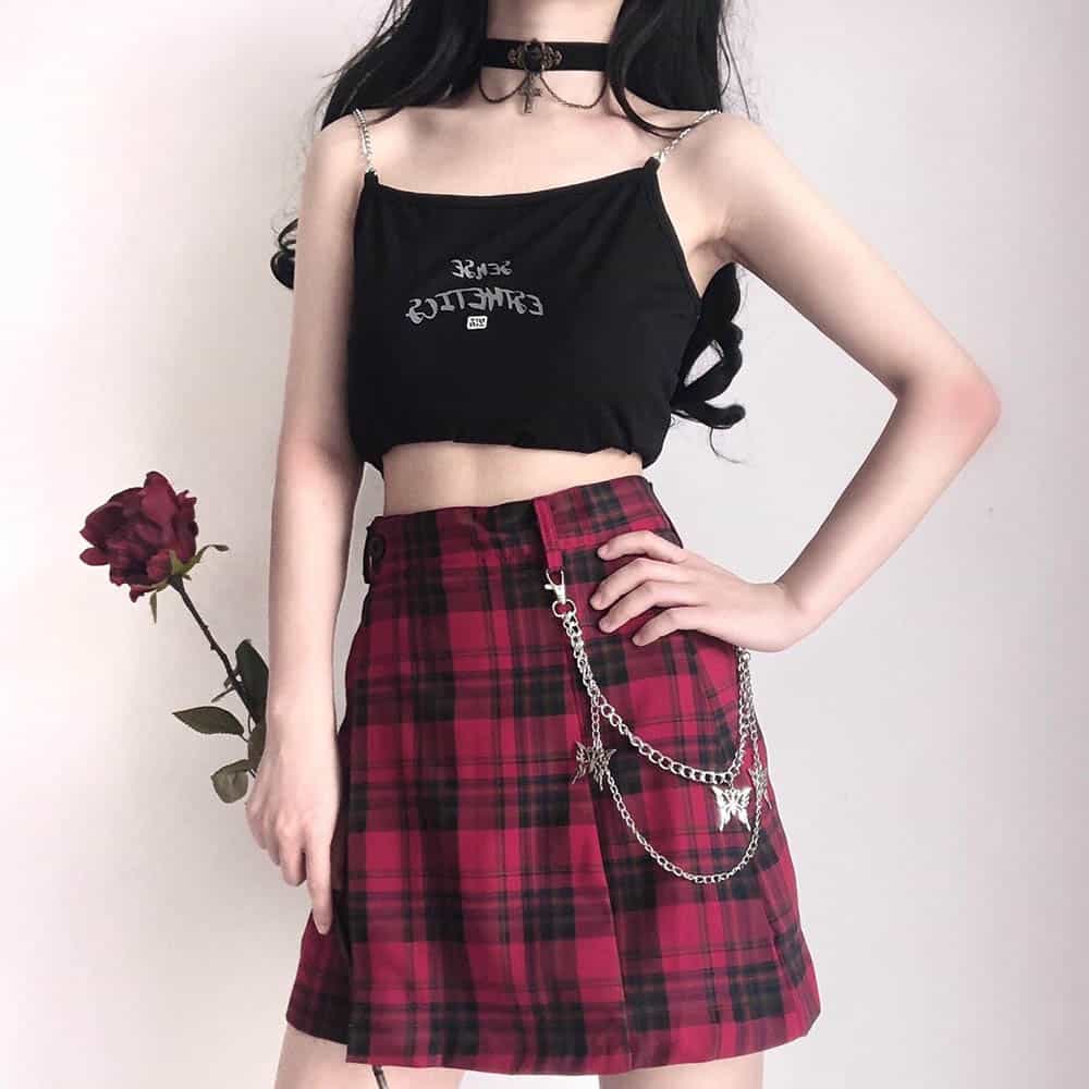 GRUNGE STYLE PLAID PLEATED MINI SKIRT WITH BUTTERFLIES CHAINS