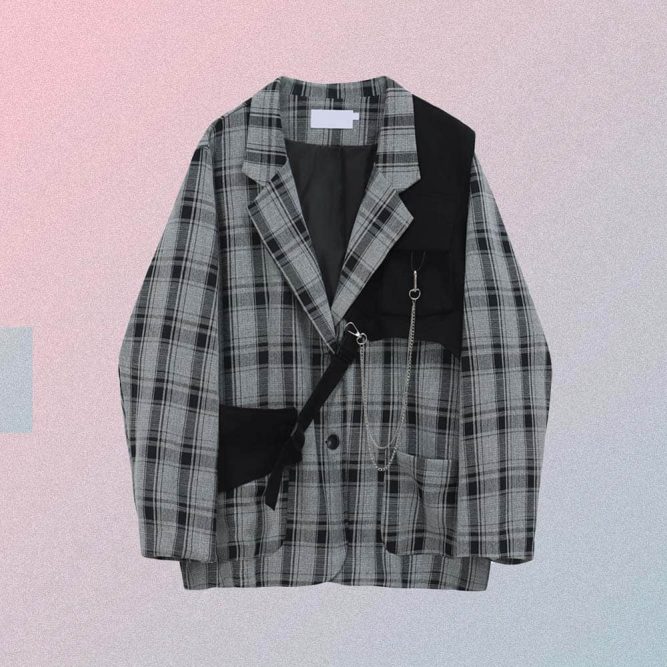 STREETWEAR AESTHETIC PLAID OVERSIZED JACKET WITH CHAINS