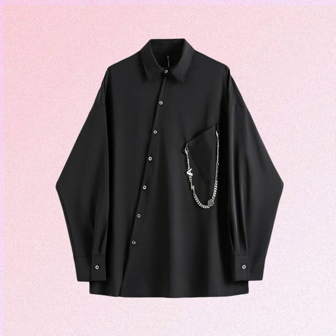 GOTHIC AESTHETIC BLACK SILK SHIRT WITH CHAIN