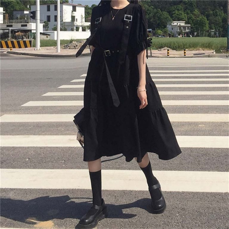 Black Long Sleeve Midi Dress With Belts Goth Aesthetic Shop 2100