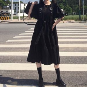 BLACK LONG SLEEVE MIDI DRESS WITH BELTS | Goth Aesthetic Shop