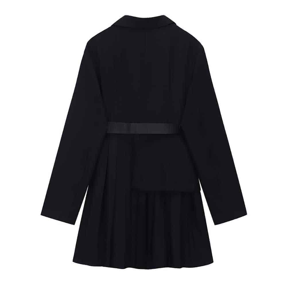 BLACK PLEATED JACKET DRESS WITH BELT & CHAIN