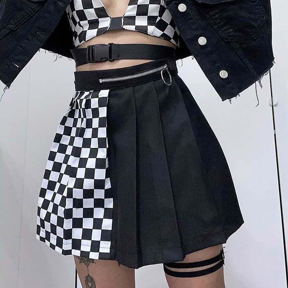 Asymmetric Checkered Hight Waist Black Aesthetic Skirt | Goth Aesthetic