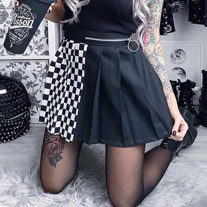Asymmetric Checkered Hight Waist Black Aesthetic Skirt | Goth Aesthetic ...