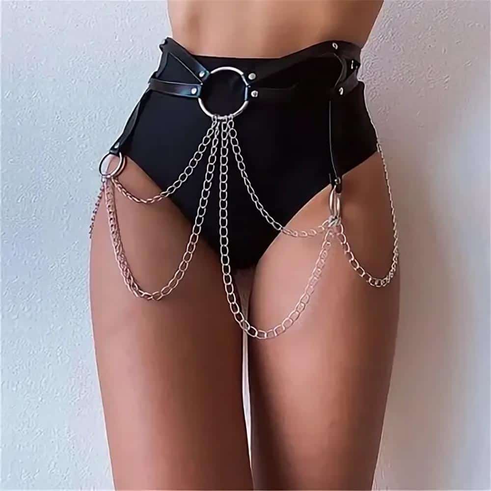 SEXY BLACK LEATHER CHAINS BELT live