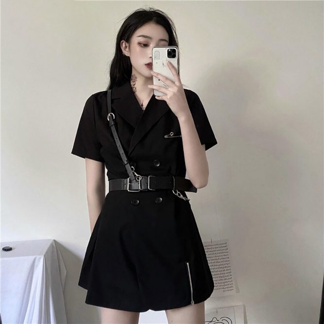 Black Short Sleeve Goth Aesthetic Blazer Dress With Belts | Goth ...