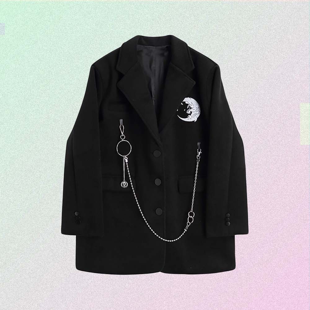 MOON PATCHWORK BLACK GOTH AESTHETIC BLAZER COAT WITH CHAIN