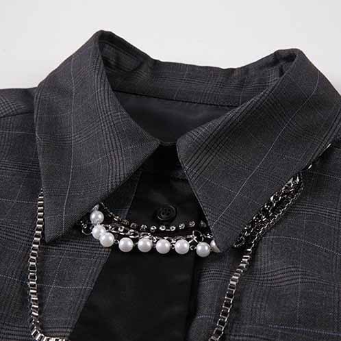 PLAID GRAY GOTH AESTHETIC SHORT BLOUSE WITH TIE NECKLACE CHAIN