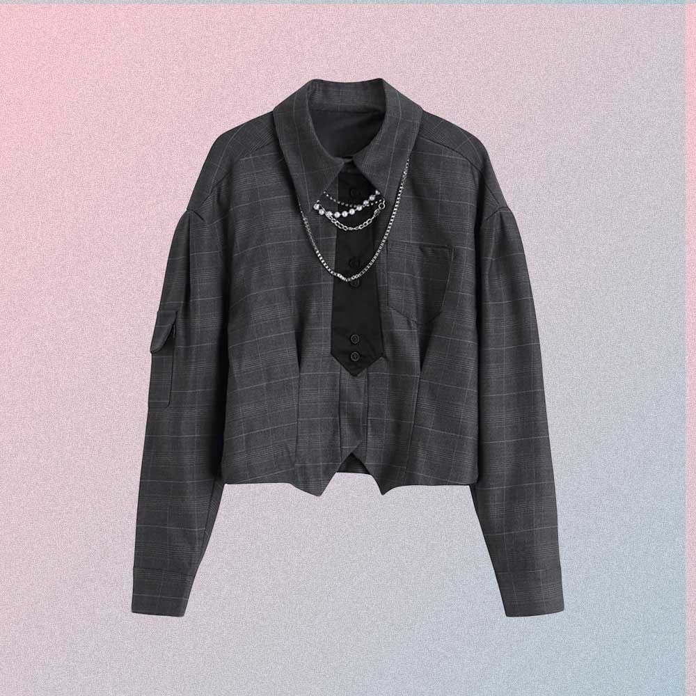 PLAID GRAY GOTH AESTHETIC SHORT BLOUSE WITH TIE NECKLACE CHAIN