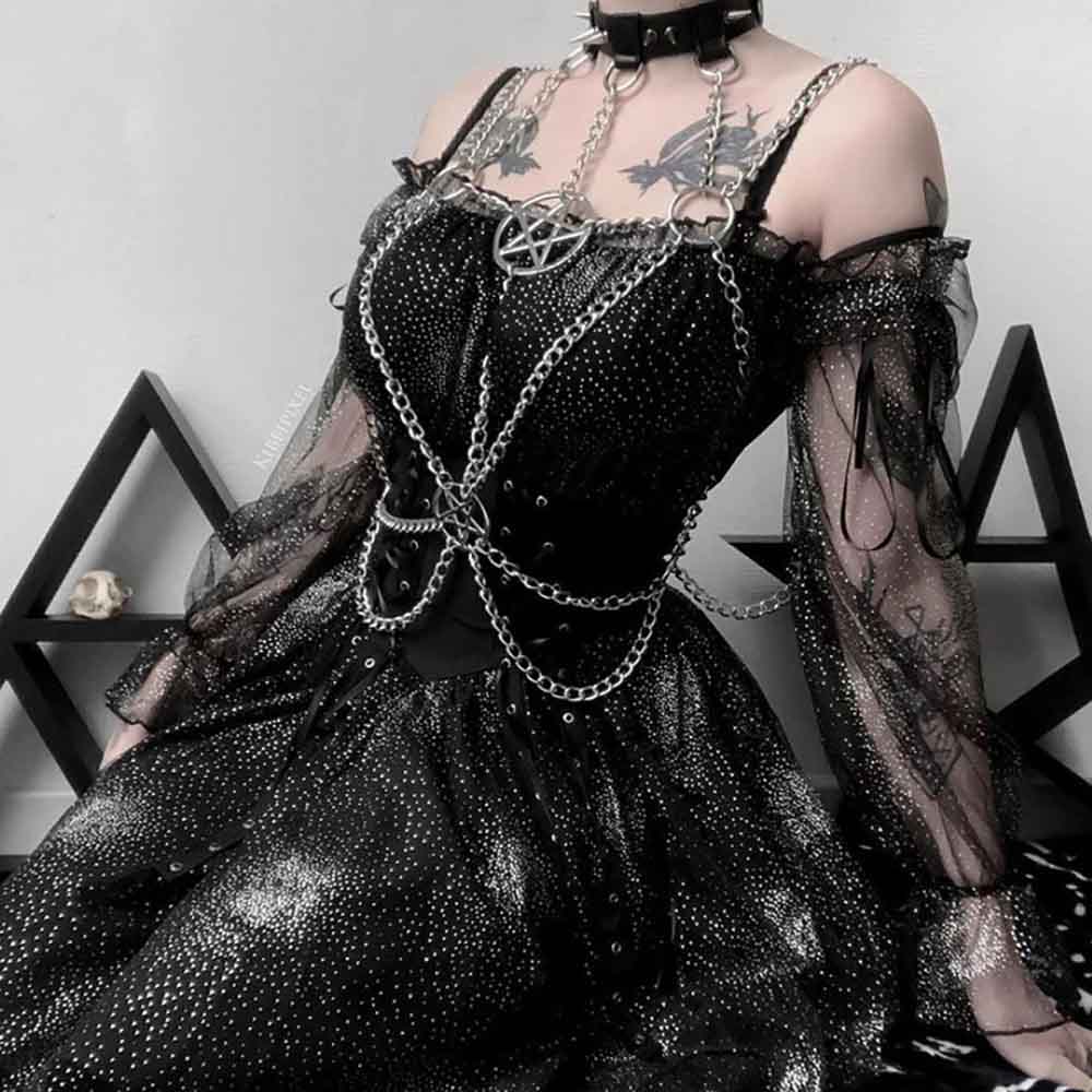 BLACK STUDDED GOTH AESTHETIC CHOKER WITH CHAINS & PENTAGRAM
