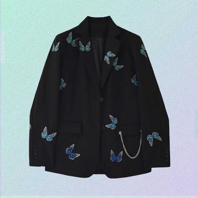 BUTTERFLIES EMBROIDERY BLACK BLAZER JACKET WITH CHAIN